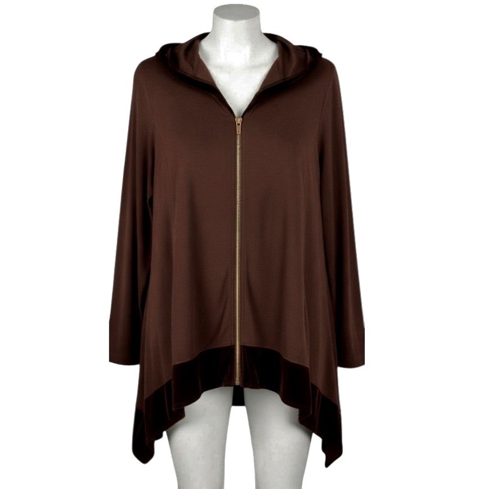 CHICO'S Zenergy Top BROWN KNIT JACKET Velvet Hoodie/Hem FULL ZIP Asymmetric M/1